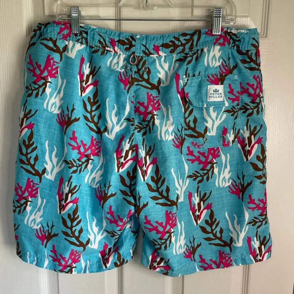 Peter Millar Swim Trunks Shorts Men's Size M Drawstring Lined Coral Seaweed